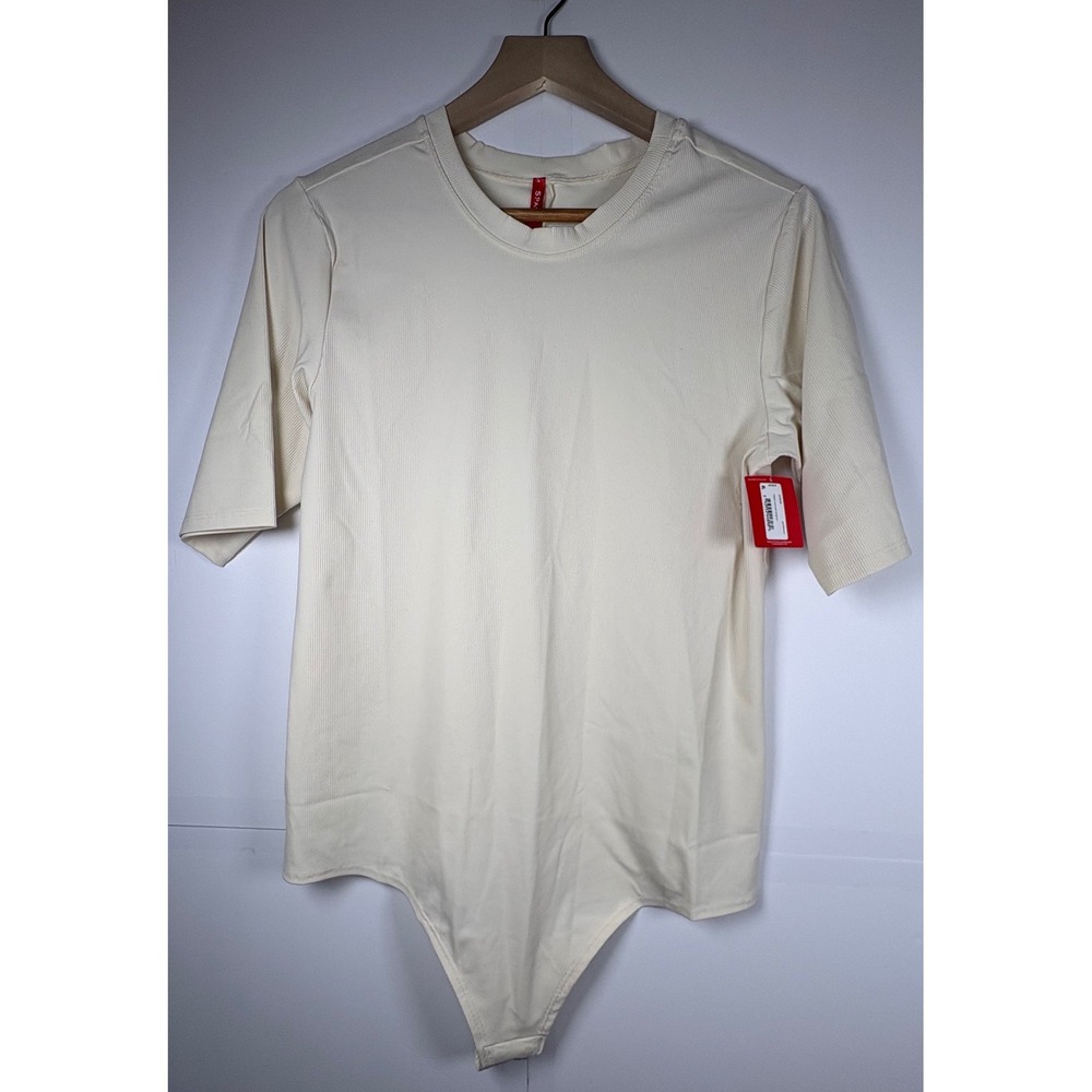 NWT Spanx Suit Yourself Ribbed Crewneck Bodysuit Cream Snap Close Sz 1X
